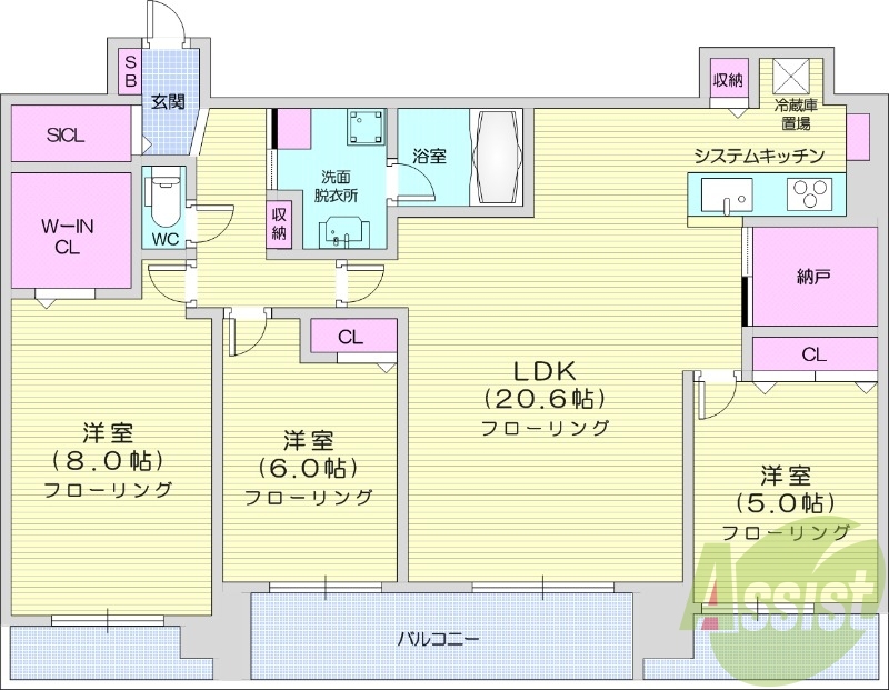 3LDK、エアコン、ガス暖房、ネット無料