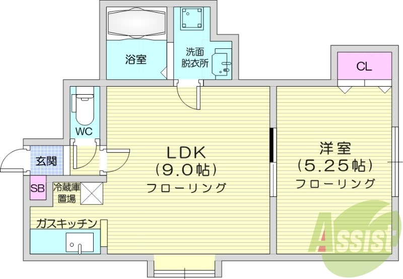 1LDK、モニター付きインターホン、独立洗面台、クローゼット