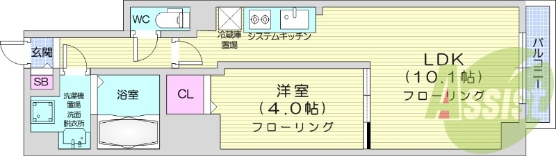 1LDK、都市ガス、システムキッチン、TV付きモニターフォン