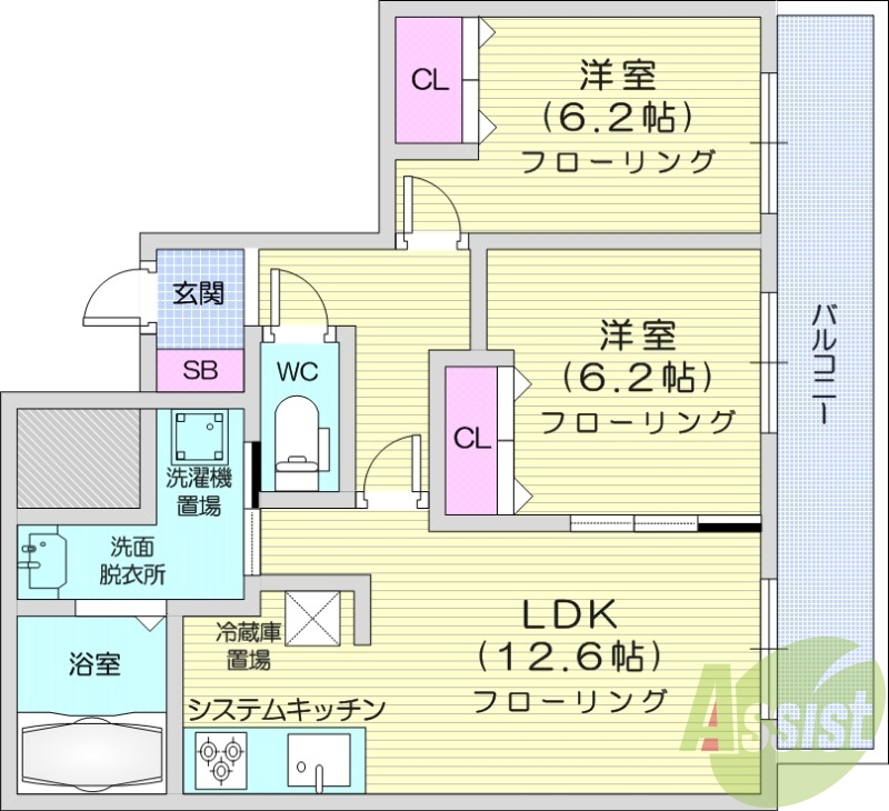 2LDK、エアコン、システムキッチン、オートロック