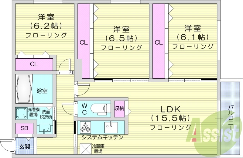 3LDK、エアコン、システムキッチン、オートロック