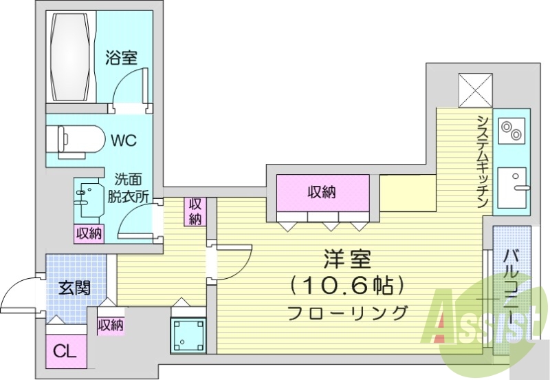 1R、家具家電付き、南向き、浴室乾燥機、独立洗面台