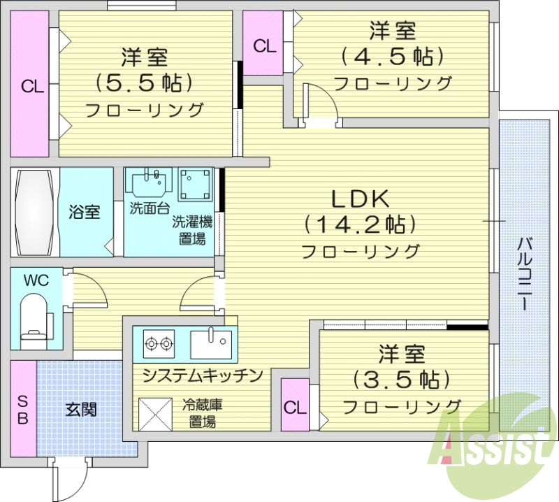 3LDK、エアコン、ガスリミット、追い焚き、浴室乾燥機