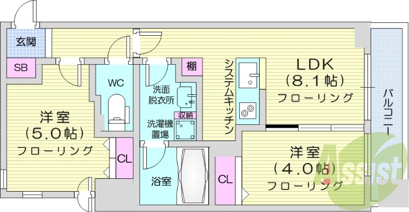 2LDK、都市ガス、床暖房、追い焚き、エアコン、オートロック