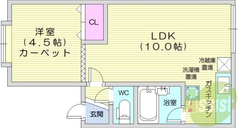 1LDK、シャワートイレ、バストイレ別、ガスキッチン