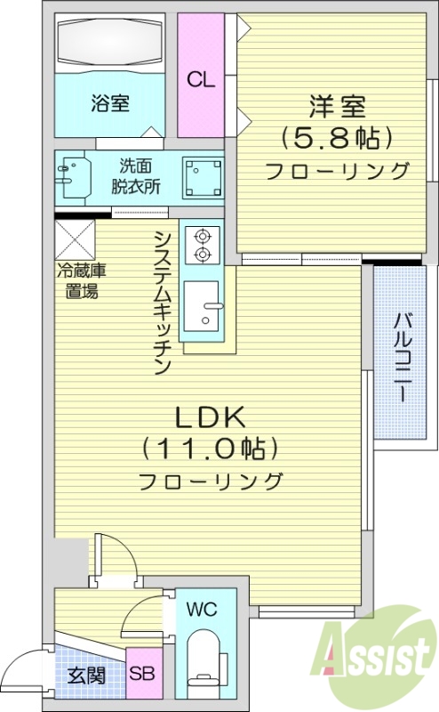 1LDK、都市ガス、シャワートイレ、システムキッチン