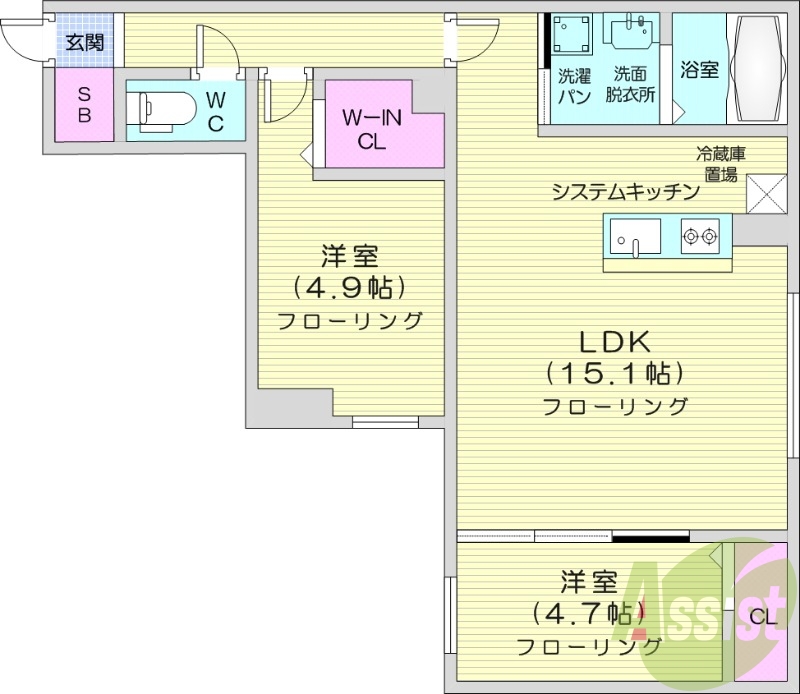 1LDK、都市ガス、エアコン、追い焚き、システムキッチン