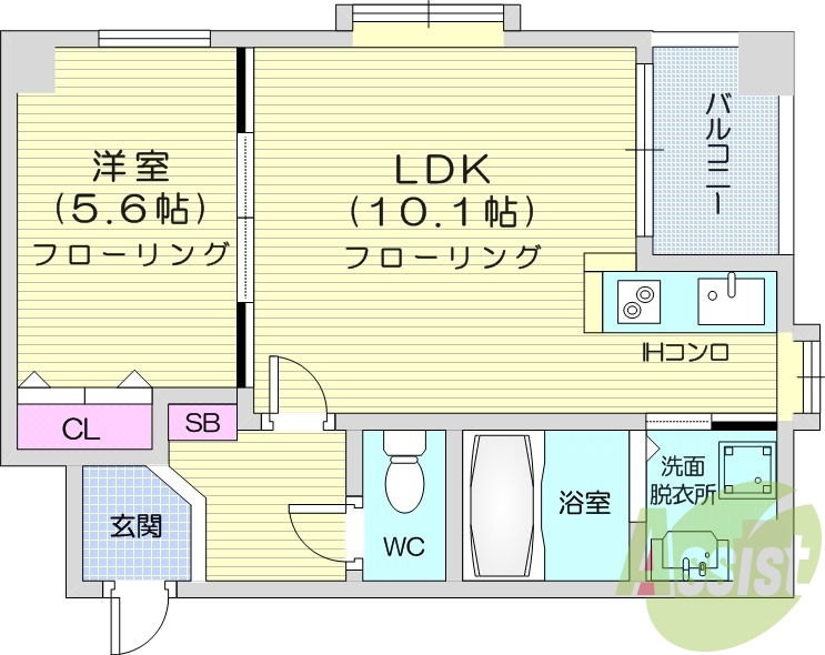 1LDK、クローゼット、シューズボックス、システムキッチン