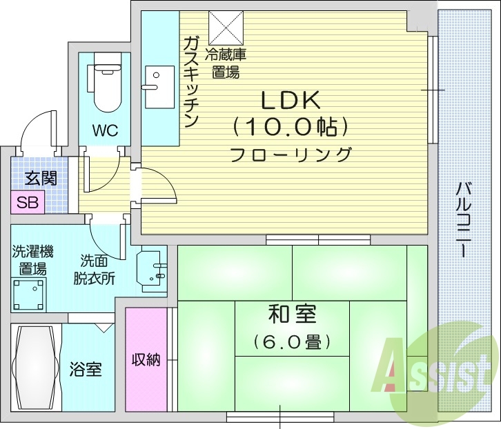 1LDK、エアコン、独立洗面台、バストイレ別