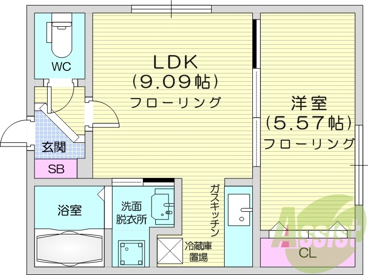 1LDK、エアコン、灯油暖房、独立洗面台
