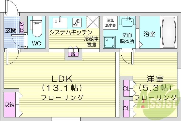 1LDK、オール電化、システムキッチン、シャワートイレ