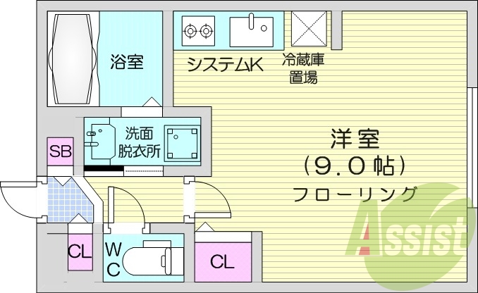 1R、エアコン、システムキッチン、独立洗面台