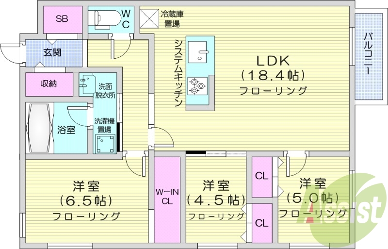 3LDK、エアコン、追い焚き、浴室乾燥機、システムキッチン