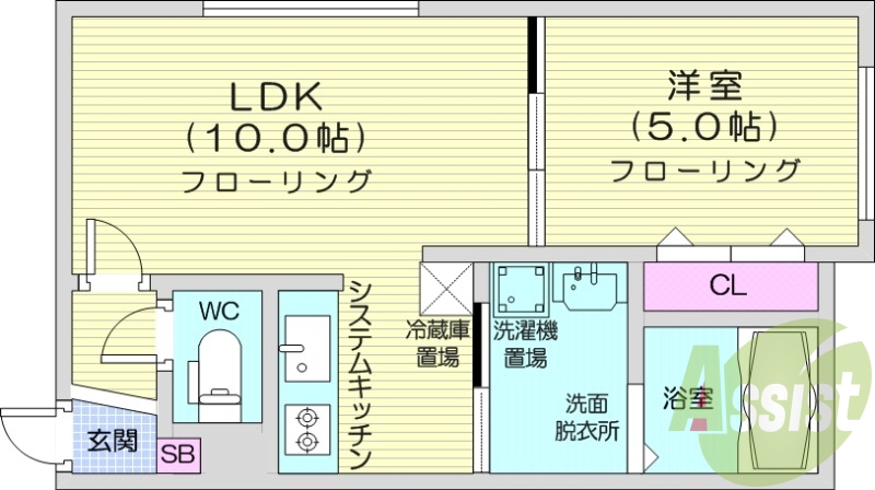 1LDK、エアコン、システムキッチン、独立洗面台