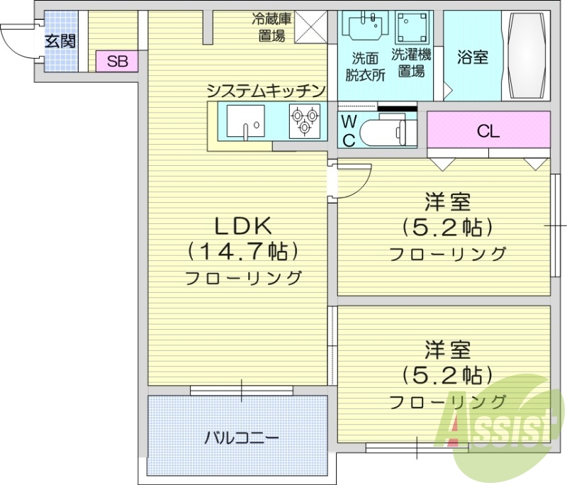2LDK、エアコン、灯油暖房、システムキッチン