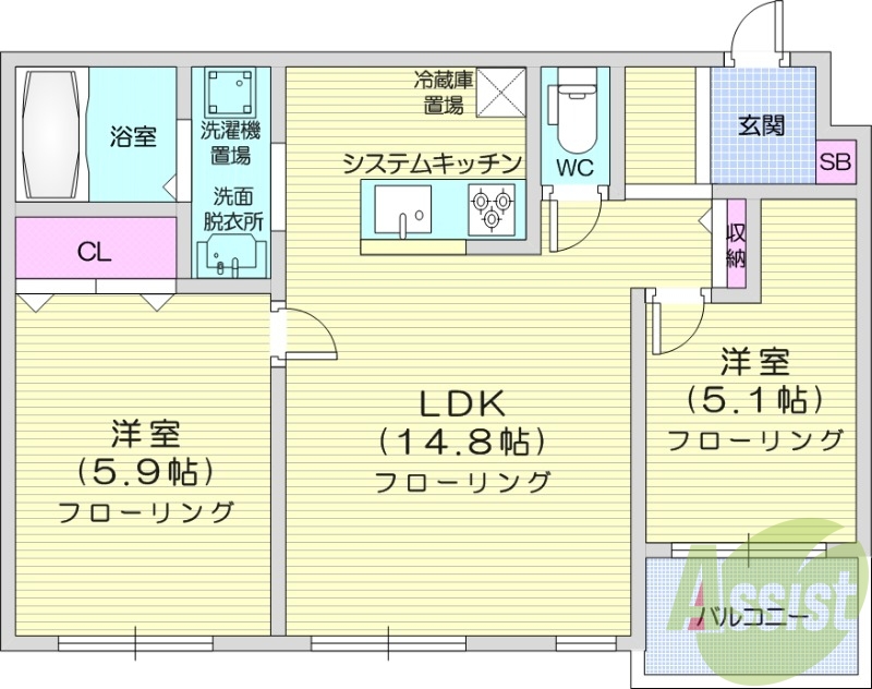 2LDK、エアコン、灯油暖房、システムキッチン