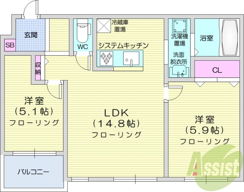 2LDK、エアコン、灯油暖房、システムキッチン