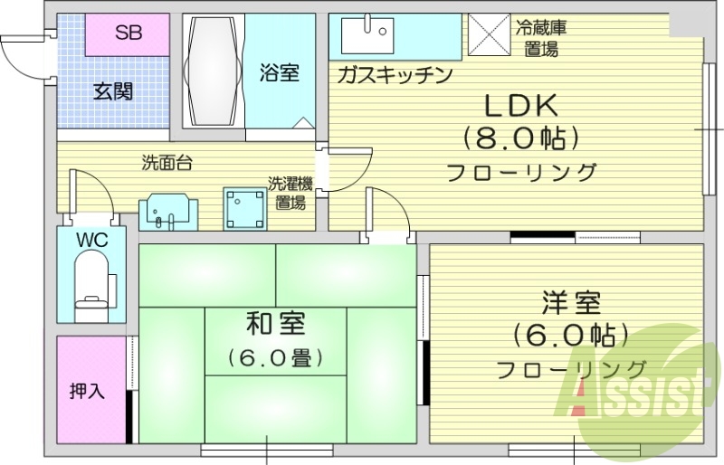 2DK、灯油暖房、ペット可、シャワートイレ