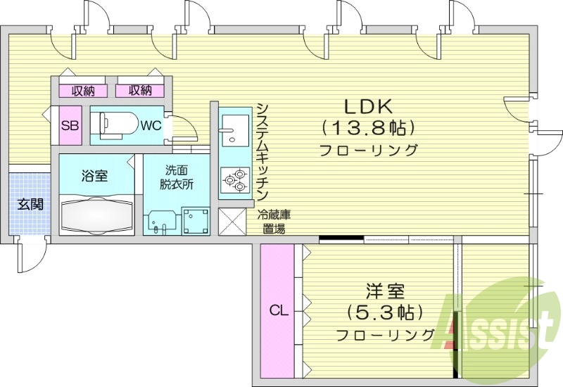 1LDK、システムキッチン、灯油暖房、収納