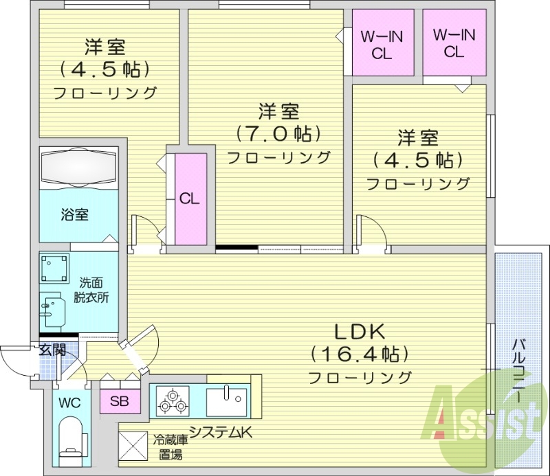 3LDK、都市ガス、エアコン、システムキッチン