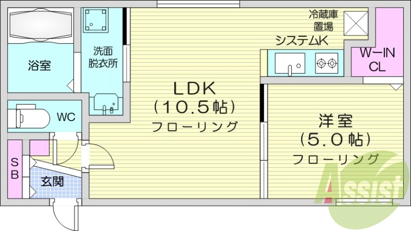 1LDK、都市ガス、エアコン、システムキッチン