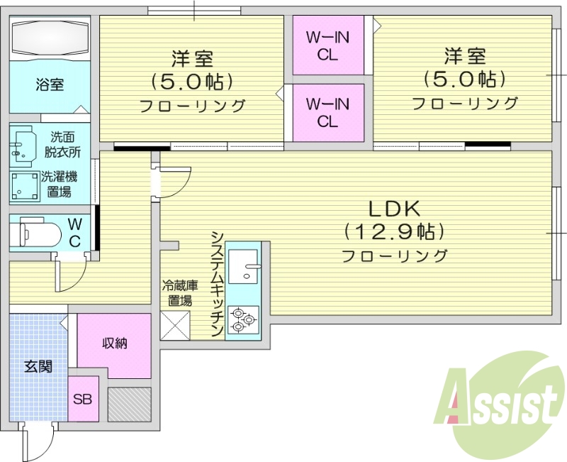 2LDK、都市ガス、エアコン、システムキッチン、浴室乾燥機