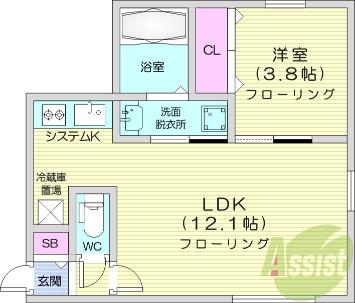1LDK、エアコン、浴室乾燥機、システムキッチン