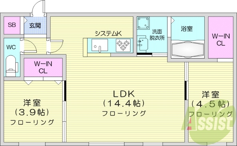 2LDK、エアコン、浴室乾燥機、システムキッチン