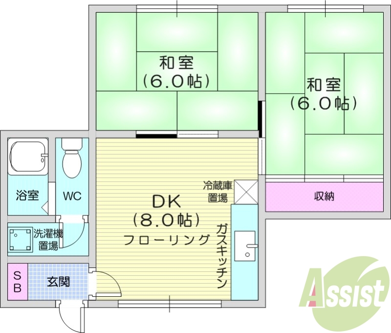 2DK、バストイレ別、エアコン、トランクルーム