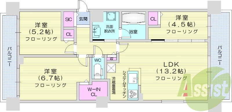 3LDK、分譲、都市ガス、床暖房、食洗器、追い焚き