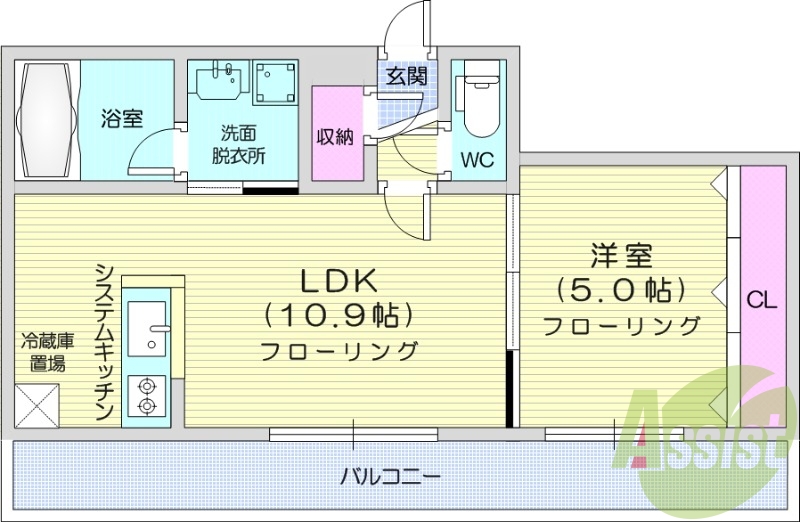 1LDK、エアコン、システムキッチン、独立洗面台
