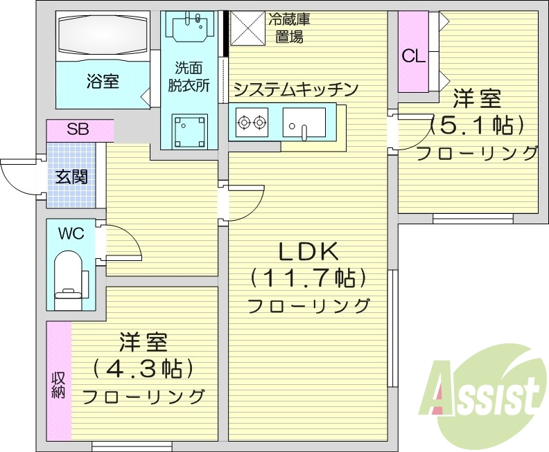 2LDK、エアコン、追い焚き、システムキッチン
