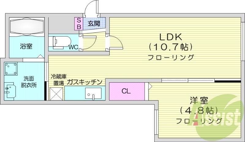 1LDK、エアコン、浴室乾燥機、オートロック、独立洗面台