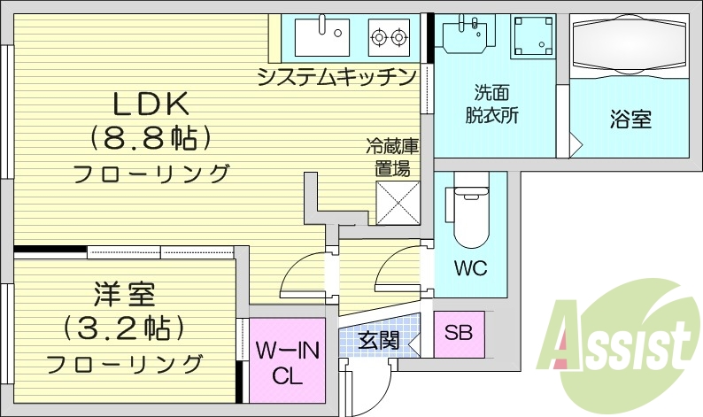 1LDK、都市ガス、エアコン、システムキッチン、独立洗面台