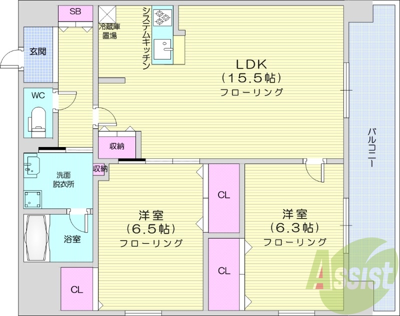 2LDK、都市ガス、追い焚き、浴室乾燥機、システムキッチン