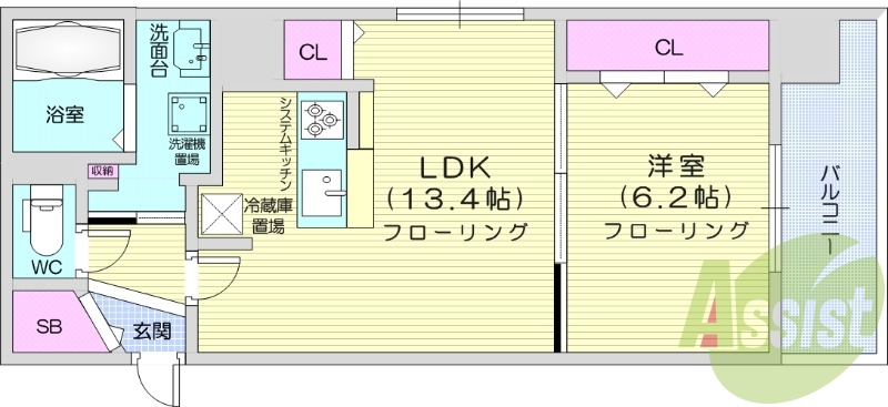 1LDK、都市ガス、追い焚き、浴室乾燥機、システムキッチン