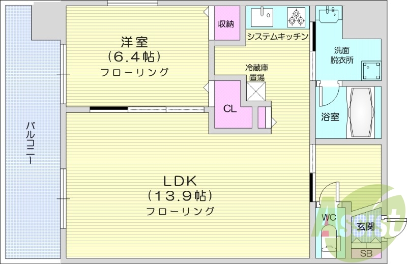 1LDK、都市ガス、追い焚き、浴室乾燥機、システムキッチン