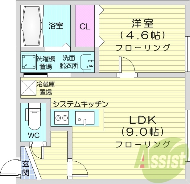 1LDK、エアコン、システムキッチン、独立洗面台