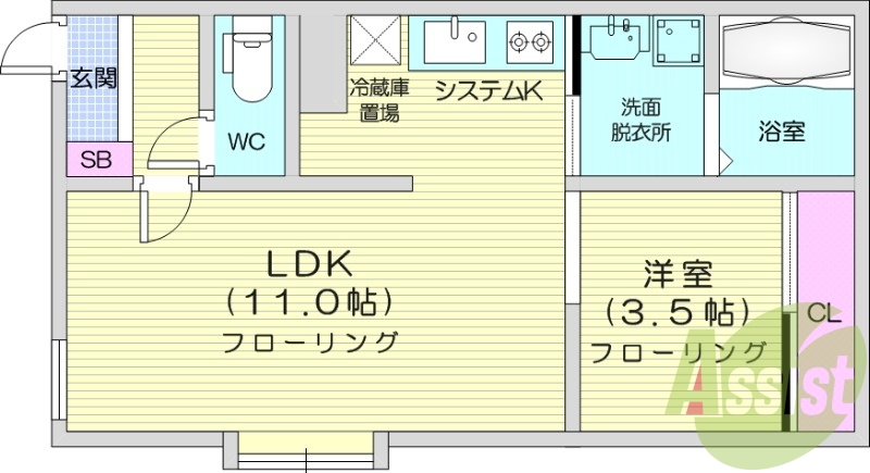 1LDK、エアコン、システムキッチン、独立洗面台