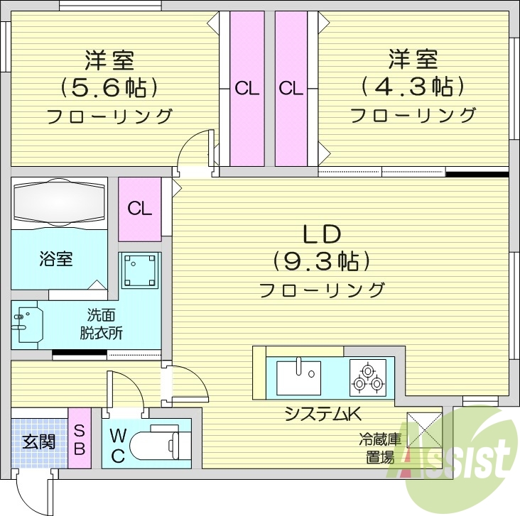 2LDK、エアコン、システムキッチン、独立洗面台