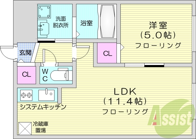 1LDK、エアコン、都市ガス、システムキッチン
