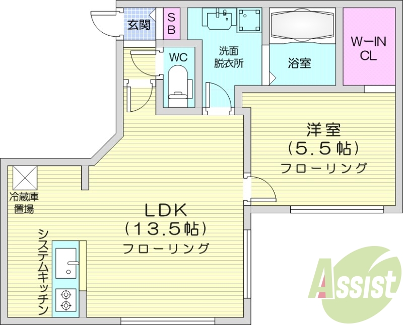 1LDK、都市ガス、エアコン、システムキッチン、浴室乾燥機