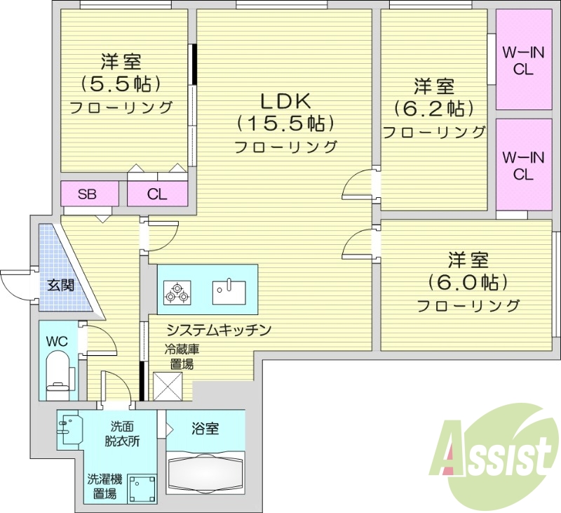 3LDK、都市ガス、エアコン、システムキッチン、追い焚き