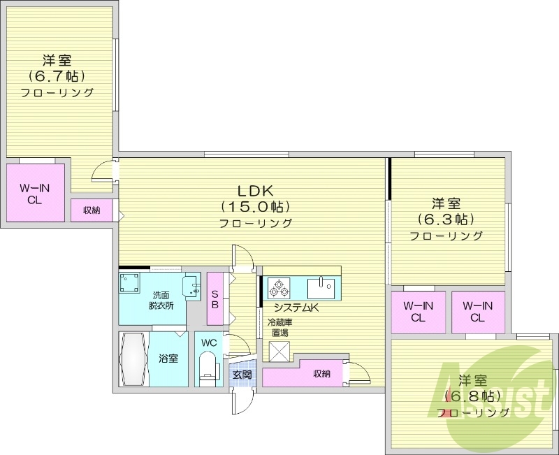 3LDK、都市ガス、エアコン、システムキッチン、追い焚き