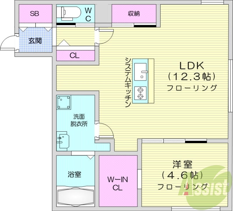 1LDK、エアコン、システムキッチン、ネット無料
