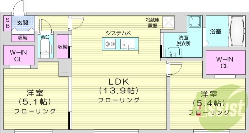 2LDK、エアコン、システムキッチン、ネット無料