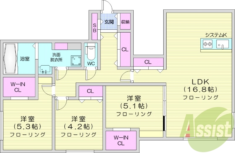 3LDK、エアコン、システムキッチン、ネット無料