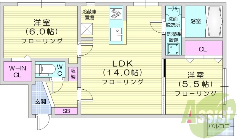 2LDK、追い焚き、オートロック、都市ガス