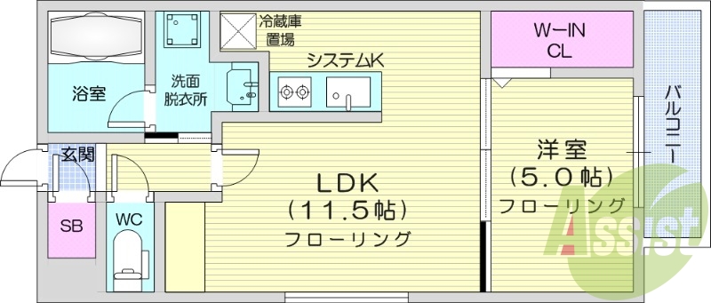 1LDK、エアコン、システムキッチン、独立洗面台