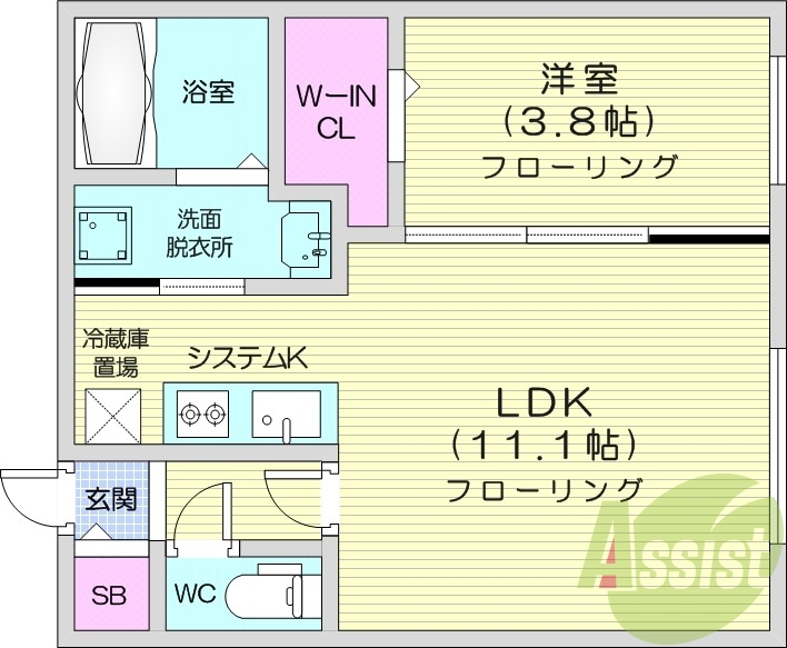 1LDK、都市ガス、エアコン、システムキッチン、浴室乾燥機
